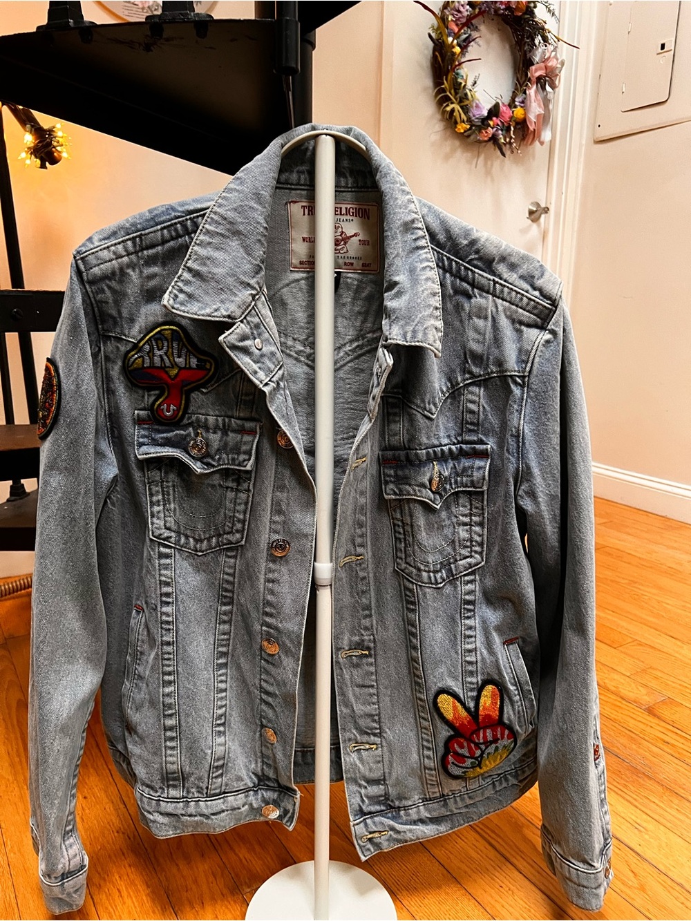 True Religion Light Blue Denim Jacket with Colorful Patches